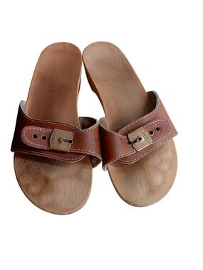Vintage Dr. Scholls Brown Leather Sandals With Wooden Soles Size 7